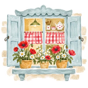 Könnte beinhalten: Eine Aquarellillustration eines hellblauen Fensterrahmens mit offenen Fensterläden. Drei Terrakottatöpfe mit roten Mohnblumen und weißen Gänseblümchen stehen auf dem Sims. Innen hängen rot-weiß karierte Vorhänge unter einem Regal mit Teekanne.