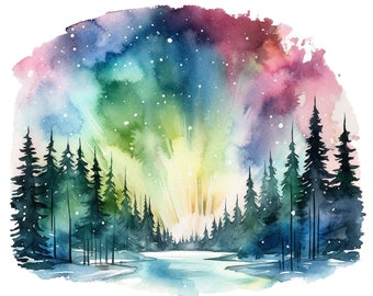 水彩画のオーロラ風景クリップアート10点 - デジタルダウンロードPNG