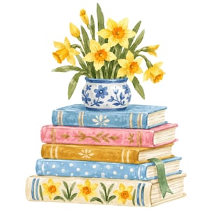 May include: A watercolor illustration of a stack of five books with a blue and white floral vase on top. The vase holds yellow daffodils. The books feature various patterns including blue, pink, yellow, polka dots, and floral motifs.