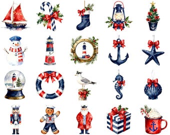 20 Nautical Christmas Watercolor Clipart - Printable PNG Files - Transparent Background,  Navy Blue/Red/White Coastal Graphics