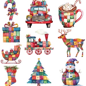 May include: A collection of watercolor illustrations featuring a candy cane, a truck with gifts, a mug of cocoa, a gift box, a train, a reindeer, a sleigh, a stocking, a Christmas tree, and a snowman, all decorated in a colorful patchwork pattern.