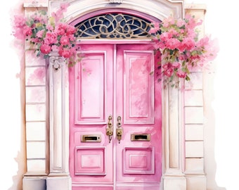 9 Watercolor Pink Doors with Flowers Clipart Graphics - Printable PNG Files Transparent Background - Cards, Papercraft, Journals