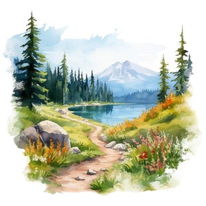 Op de afbeelding: Een aquarel schilderij van een bergmeer sc&egrave;ne met een pad dat door een bos naar de waterkant leidt. Het meer wordt omringd door bomen en een besneeuwde berg op de achtergrond.