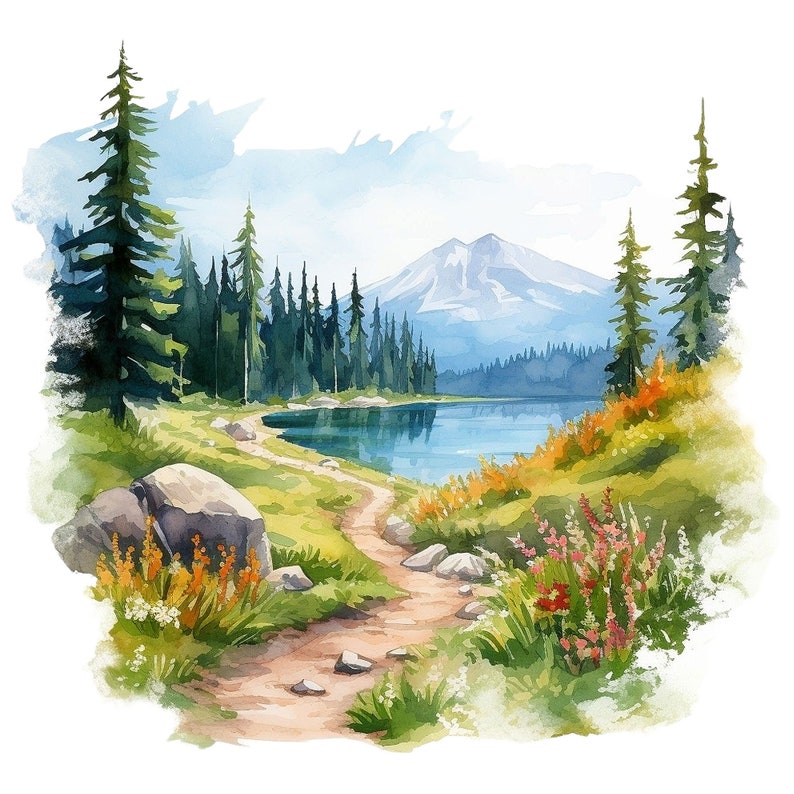 Op de afbeelding: Een aquarel schilderij van een bergmeer sc&egrave;ne met een pad dat door een bos naar de waterkant leidt. Het meer wordt omringd door bomen en een besneeuwde berg op de achtergrond.