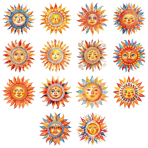 14枚の水彩画風メキシコ民芸品「太陽の顔」クリップアート - PNG