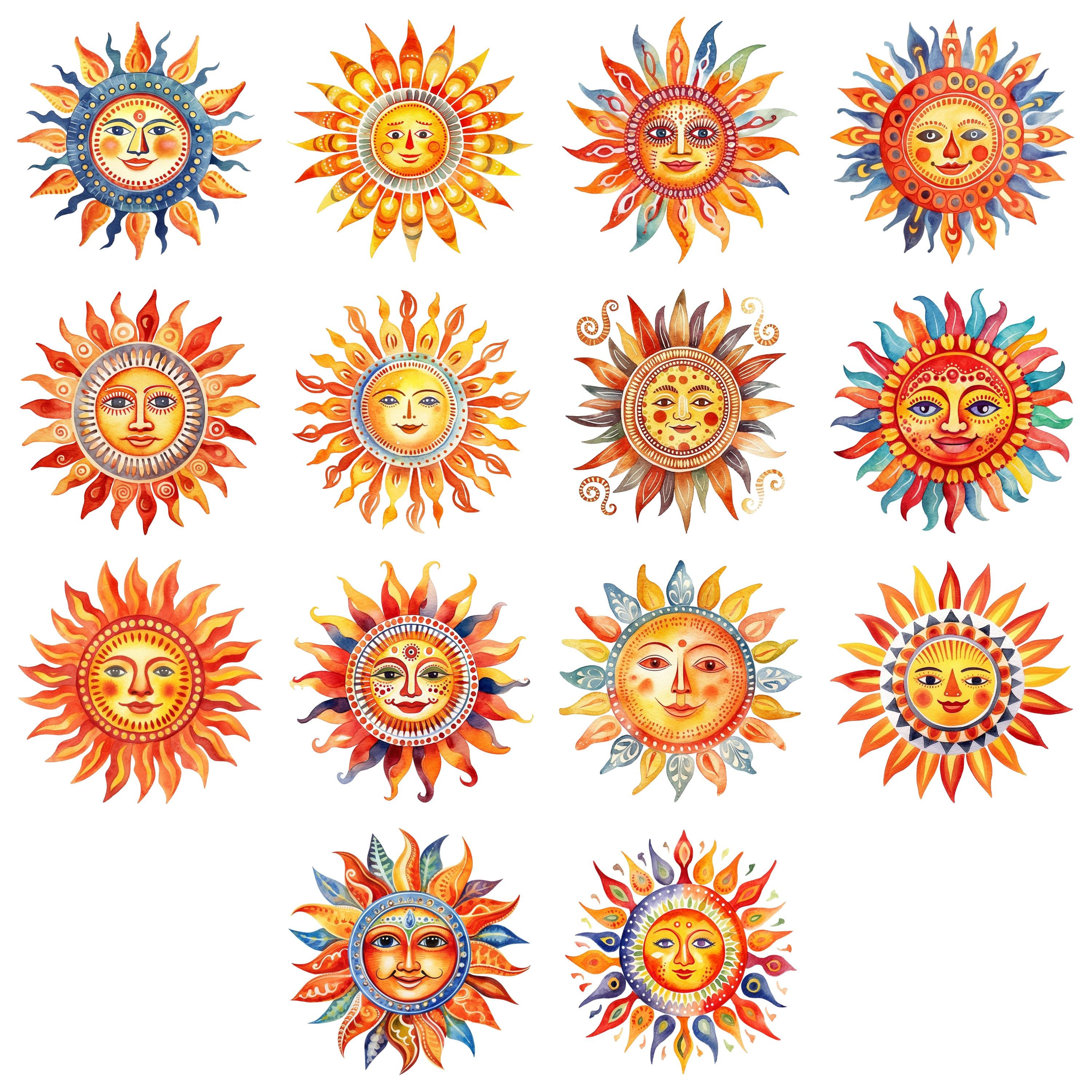 14枚の水彩画風メキシコ民芸品「太陽の顔」クリップアート - PNG