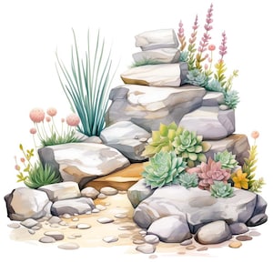 10 aquarel Rock Garden Clipart Graphics Bundle - afdrukbare PNG-bestanden transparante achtergrond - kaarten, papercraft, scrapbooking, tijdschriften