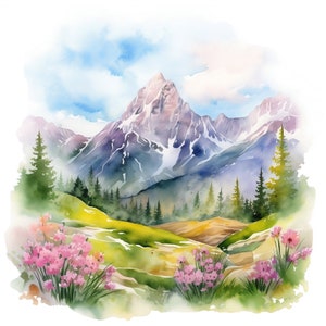 May include: Watercolor painting of a mountain range with snow-capped peaks, green trees, and a grassy meadow with pink flowers in the foreground.