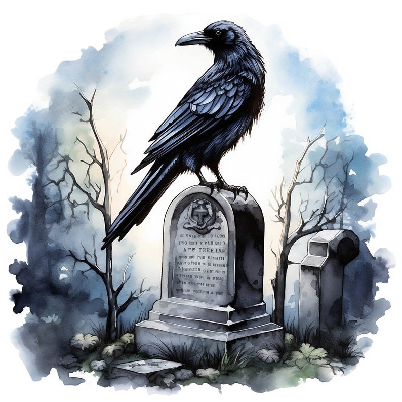 10 Gothic Cemetery Raven Watercolor Clipart Graphics Printable PNG ...