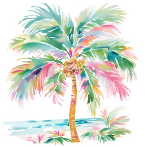 10 Preppy Palm Trees Watercolor Clipart Graphics - Printable PNG Files For Commercial Use Transparent Background - Cards, Journals, Crafts