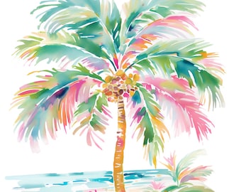 10 Preppy Palm Trees Watercolor Clipart Graphics - Printable PNG Files For Commercial Use Transparent Background - Cards, Journals, Crafts