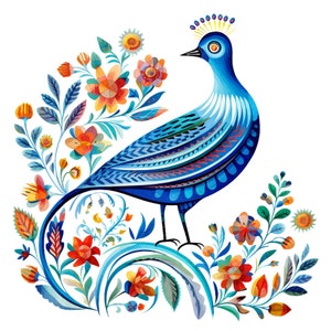 10 Watercolor Scandinavian Folk Art Birds Clipart Digital Download PNG Files For Commercial Use Transparent Background Papercraft Cards image 3