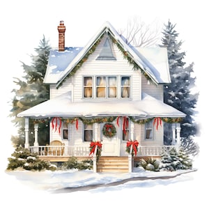 10 imágenes prediseñadas de casas de vacaciones de invierno en acuarela: archivos PNG imprimibles para uso comercial, fondo transparente: tarjetas, manualidades de papel