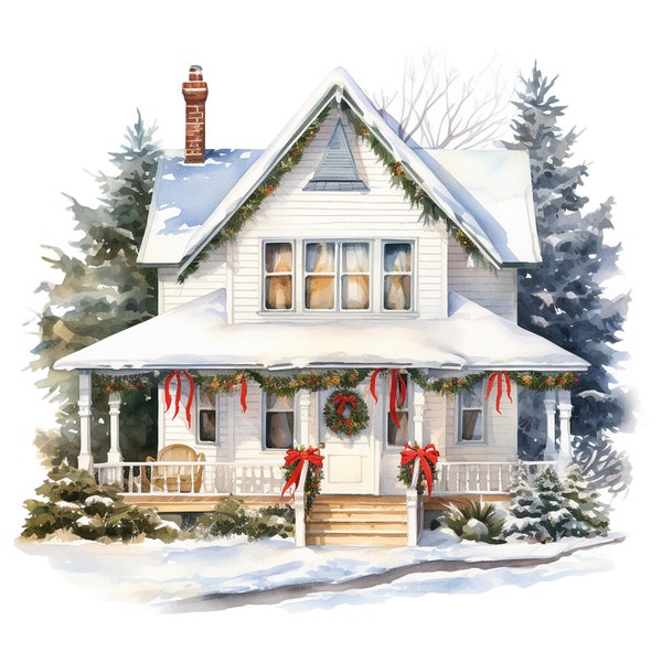 10 Watercolor Winter Holiday Houses Clipart Graphics - Printable PNG Files For Commercial Use Transparent Background - Cards, Papercraft