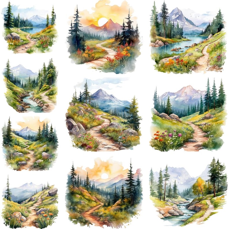 10 aquarel clipartafbeeldingen van een zomerse bergwandeling – printbare PNG-bestanden met transparante achtergrond, digitaal te downloaden. afbeelding 7