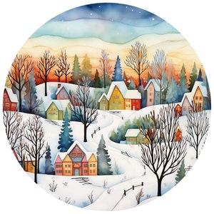 10 Ilustrações em Aquarela de Paisagens de Inverno em Estilo Arte Popular – Imagens Circulares em PNG (Download Digital)