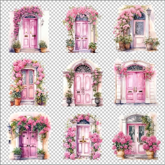水彩ピンクの花柄ドアのクリップアート9点 - PNGグラフィックス