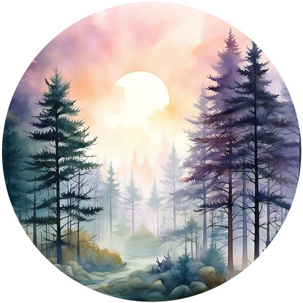 10 Watercolor Misty Forest Scenery Clipart Graphics - Printable PNG Files For Commercial Use Transparent Background - Stickers, Magnets