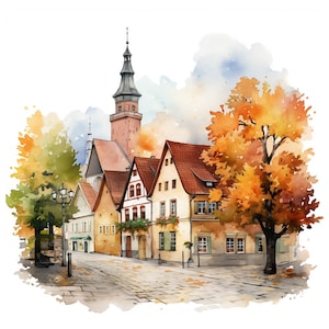 10 Watercolor Autumn Bavarian Village Clipart Graphics - Printable PNG Files For Commercial Use Transparent Background - Cards, Journals