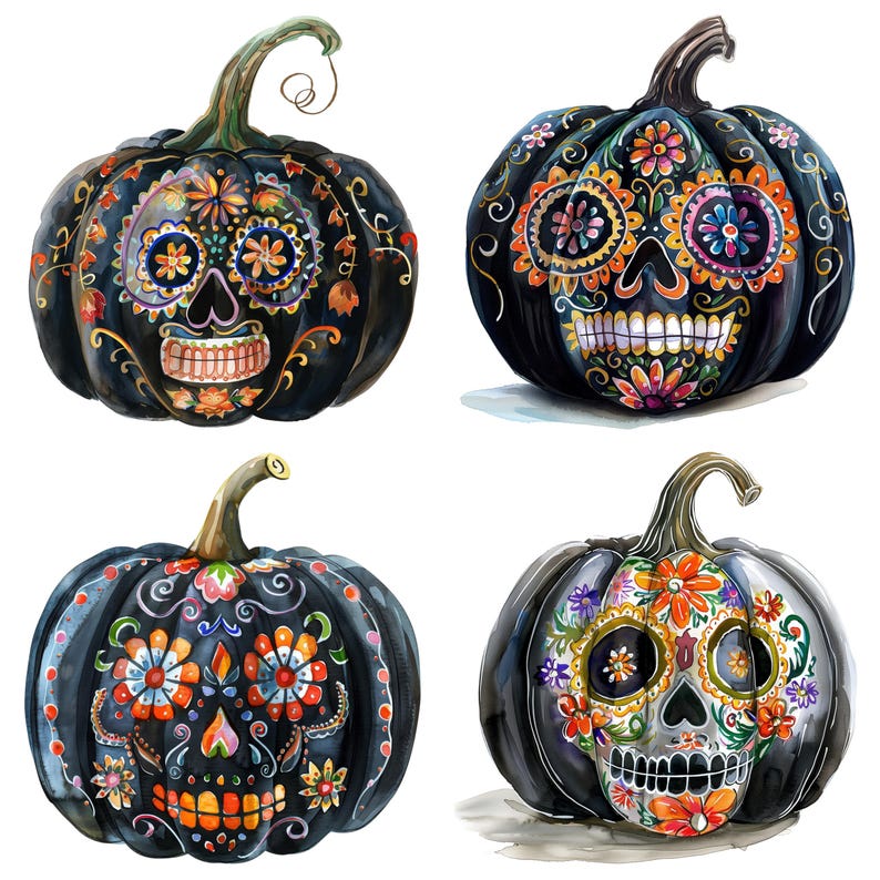 10 Watercolor Sugar Skull Pumpkins Clipart Graphics Printable PNG Files ...
