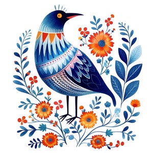 10 Watercolor Scandinavian Folk Art Birds Clipart Digital Download PNG Files For Commercial Use Transparent Background Papercraft Cards image 5
