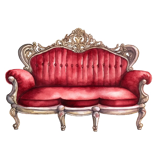 10 Watercolor Antique Red Velvet Sofa Furniture Clipart - Digital PNG Files For Commercial Use Transparent Background - Papercraft, Journals