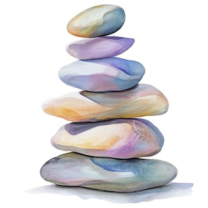 Aquarelle de 12 pierres empilées pastel, cairn de roche, clipart aquarelle - fichiers PNG imprimables fond Transparent - usage Commercial Clip Art