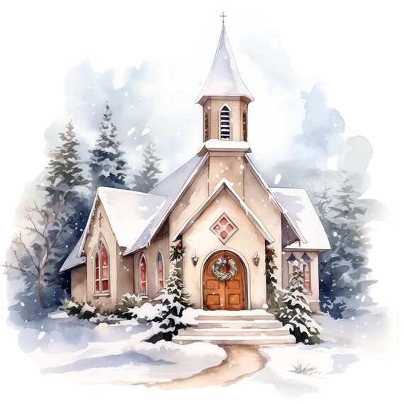 クリスマス教会の水彩画クリップアート10点 - 商用利用可、透明な背景