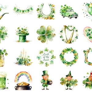 Könnte beinhalten: Aquarellillustrationen mit Motiven zum St. Patrick's Day. Das Bild zeigt einen grünen Truck, ein Hufeisen, eine Harfe, einen Kobold, einen Regenbogen, einen Goldtopf und Kleeblätter. Die Farbpalette ist hauptsächlich grün, gold und weiß.