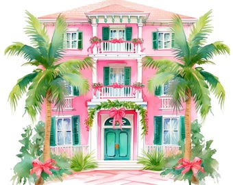 10 Preppy Coquette Christmas House Watercolor Clipart - Printable PNG Files - Transparent Background - Cards, Papercraft