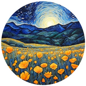 10 Nachtelijke Bloemenvelden Van Gogh Geïnspireerde Aquarel Cirkel Clipart - Printbare PNG met Transparante Achtergrond