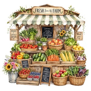 Könnte beinhalten: Eine Aquarellillustration eines Bauernstandes mit grün-weiß gestreifter Markise. Das Schild trägt die Aufschrift FRESH from the FARM. Holzkisten und Körbe sind mit frischen Produkten wie Tomaten, Gurken, Karotten, Mais und Äpfeln gefüllt.