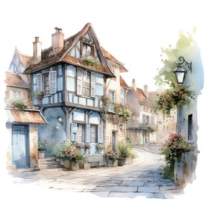 6 French Village Watercolor Clipart Graphics - Digital Download PNG Files For Commercial Use Transparent Background - Papercraft, Cards