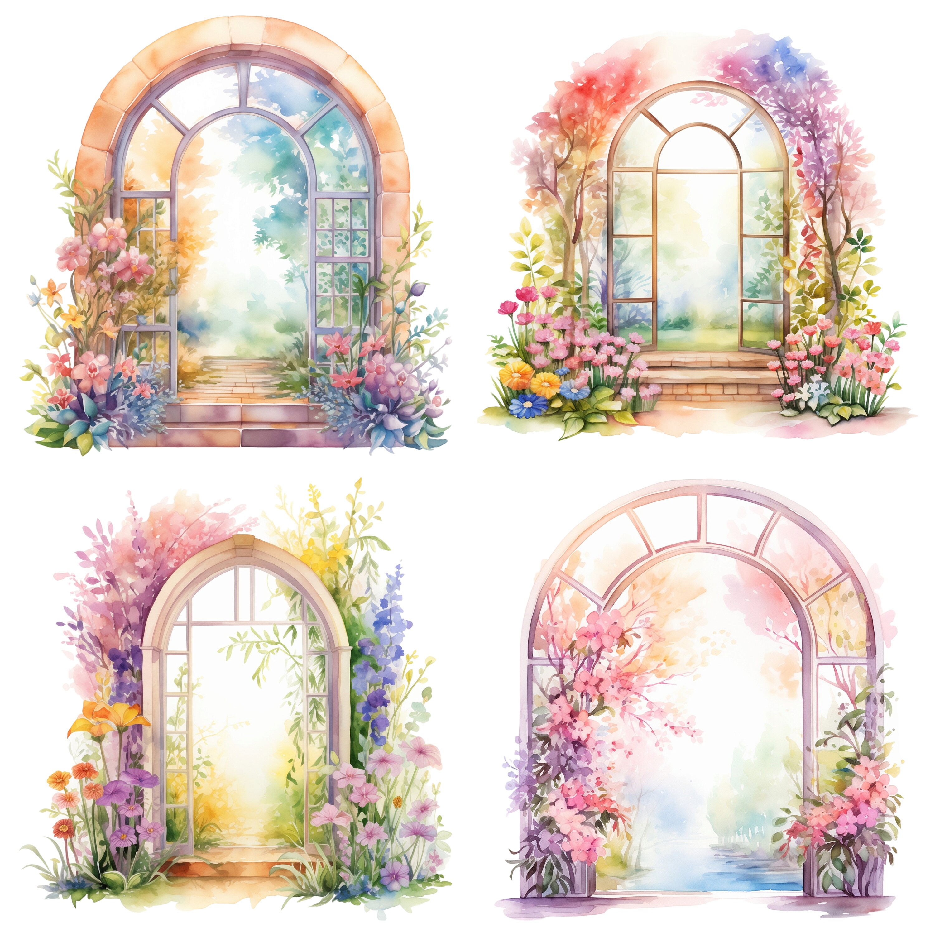 16 Spring Garden Arch Window Watercolor Clipart Bundle Digital PNG ...