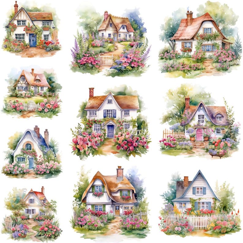 10 Cottage Garden Watercolor Clipart Graphics - Printable PNG Files ...