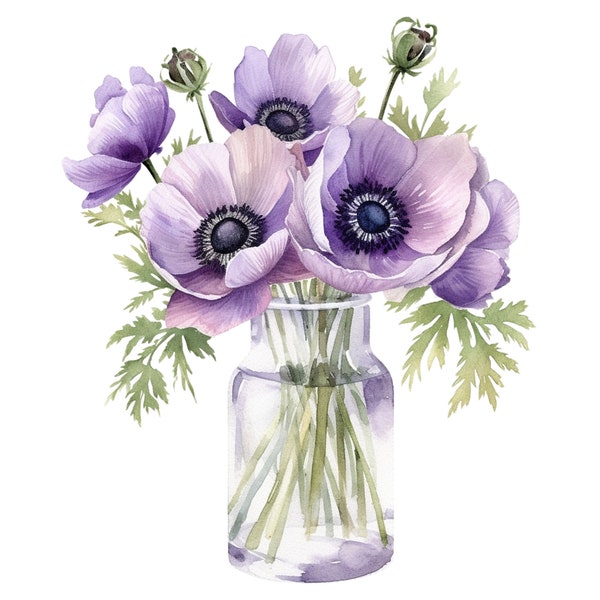 6 Watercolor Purple Anemone Clipart - Digital Download PNG Files For Commercial Use Transparent Background - Cards, Papercraft