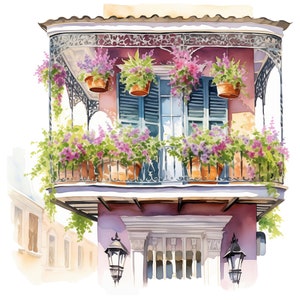 16 New Orleans French Quarter Balkons, Clipart Aquarell Grafiken - Digital Download PNG-Dateien - Transparenter Hintergrund - Karten, Zeitschriften