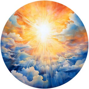 May include: A painting depicting a bright, golden sun shining through white clouds in a blue sky. The sun's rays are visible and create a radiant effect.