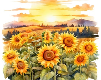 10 Golden Hour Sunflower Fields Watercolor Clipart - Printable PNG Files For Commercial Use Transparent Background - Papercraft, Journals