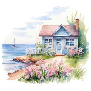 10 Cute Seaside Cottage Clipart Watercolor Graphics - Printable PNG Files For Commercial Use Transparent Background - Papercraft, Cards