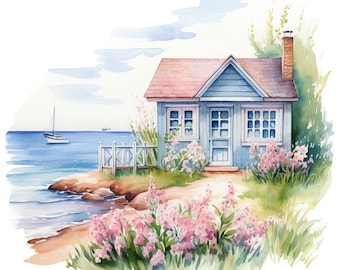 10 Cute Seaside Cottage Clipart Watercolor Graphics - Printable PNG Files For Commercial Use Transparent Background - Papercraft, Cards