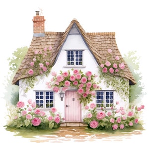 Lot de 10 cliparts aquarelle mignon cottage - fichiers PNG imprimables sur fond transparent - création de cartes, scrapbooking, cartes