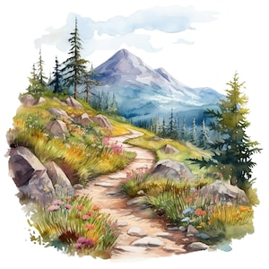 10 Watercolor Summer Mountain Hiking Trail Clipart Graphics - Printable PNG Files Transparent Background - Journaling, Cards, Papercraft