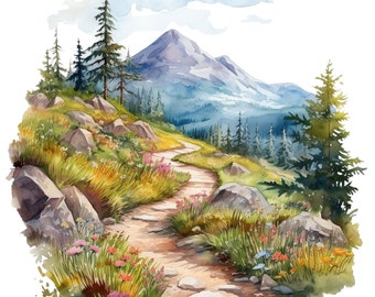 May include: A watercolor painting of a mountain landscape with a winding path leading through a field of wildflowers. The path is surrounded by rocks and trees, and the mountain in the background is covered in snow.