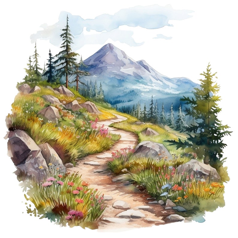Op de afbeelding: Een aquarel schilderij van een berglandschap met een kronkelend pad dat door een veld met wilde bloemen leidt. Het pad wordt omringd door rotsen en bomen, en de berg op de achtergrond is bedekt met sneeuw.