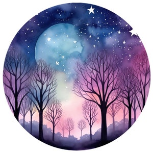 10 nuit étoilée Silhouette arbres aquarelle Clipart Graphics - fichiers PNG imprimables fond transparent - autocollants, aimants, papercraft