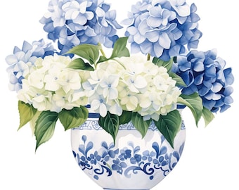 10 Chinoiserie Vase with Flowers Watercolor Clipart - PNG Transparent Background (Digital Download)