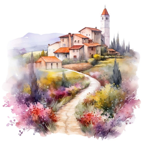 6 Tuscan Village Watercolor Clipart Graphics - Printable PNG Files For Commercial Use Transparent Background - Papercraft, Cards, Journals