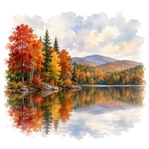May include: A watercolor painting of an autumn landscape featuring vibrant red, orange, and yellow trees along a calm lake shore. The scene includes dark green pine trees, rocky banks, and distant blue mountains under a soft, cloudy sky.