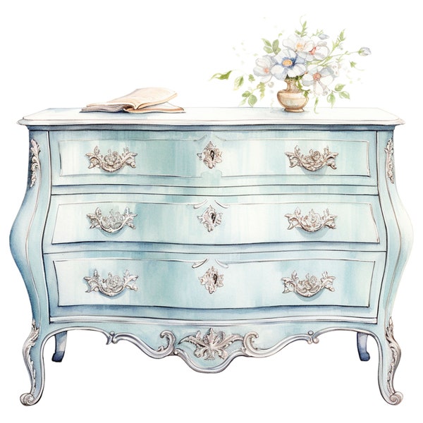 12 Pastel French Shabby Chic Style Furniture Watercolor Clipart - Digital PNG Files For Commercial Use Transparent Background - Papercraft